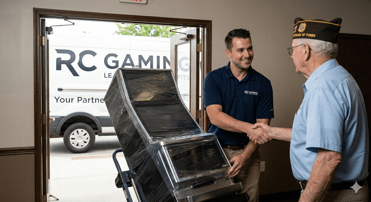 RC Gaming LLC technician delivering and setting up a gaming machine